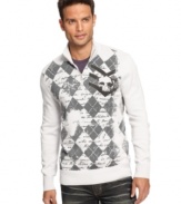 This sweater by INC International Concepts gives an argyle and update with a sleek mock neck and gaphic print detail.