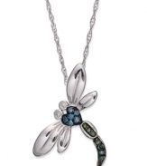 A flight of fanciness. This dragonfly pendant, set in sterling silver, dazzles with blue and green diamond accents (1/10 ct. t.w.) providing a lustrous touch. Approximate length: 18 inches. Approximate drop length: 1/2 inch. Approximate drop width: 3/4 inch.