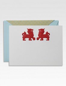 At the gates of Chinese palaces and temples sit the Guardian Lions, one male, one female, who protect the dwelling and those inside from all things pernicious. Perfect accent for this set of flat cards. Set of 8 cards and envelopesApprox. 4½ X 6 Made in USA