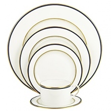 Kate Spade and Lenox join together to bring ease, elegance and understated wit to the table. Library Lane, a pattern banded with stripes, can be dressed up by mixing in the accent plate that is rimmed in navy with gold dots.