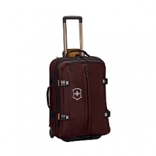 The Victorinox expandable wheeled suitcase boasts a spacious main compartment with straps, a mesh pocket, and 2 zip expansion. A large front zip pocket offers for quick access to important items. External strap system keeps contents secure. Removable Attach-a-bag strap secures an additional bag to the front for consolidated travel. Sturdy rear corner guards and TPE plastic kick plates protect vulnerable areas. One-touch dual trolley handle system. YKK Racquet Coil zippers provide superior strength.