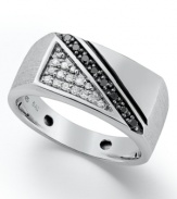 Treat him to a look that shines. This stand out men's ring features a unique linear design highlighting round-cut black diamonds (1/10 ct. t.w.) and white diamonds (1/8 ct. t.w.). Set in sterling silver. Size 10-1/2.