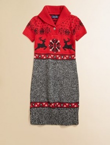 A fun, festive design that's also sophisticated, combining a Nordic knit bodice with a sleek marled skirt in a sweater-soft blend of yarns.Ribbed shawl collarRibbed placket with one lacy snowflake buttonShort sleeves with ribbed cuffsSlim marled skirt with border and ribbed hem80% cotton/20% yakHand washImported