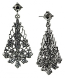 Elaborately embellished. A detailed filigree design sets apart these dramatic linear drop earrings from 2028. Embellished with acrylic accents, they're made in hematite tone mixed metal. Approximate drop: 2 inches.