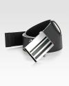 Smooth design with striped Prada embossed metal plaque buckle. About 1½ wide Made in Italy