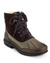 This handsome, durable and rugged Cole Haan winter boot features waterproof quilted suede with shearling lining.