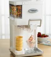 Customize your cone with this ingenious soft serve ice cream maker that automatically adds up to three of your favorite mix-ins. Make a heaping 1-1/2 quarts of fun, fresh ice cream in just 20 minutes, then pull out tabs to release mix-ins - like chocolate chips or sprinkles - down the chute and right into your frozen dessert for an extra tasty treat. When your combination is just right, simply pull down the handle to dispense! Removable parts for easy cleaning. Three-year limited warranty.