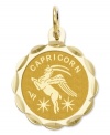 Tell everyone your sign in style! This scalloped and polished disc charm features the Capricorn Zodiac in 14k gold. Chain not included. Approximate length: 9/10 inch. Approximate width: 3/5 inch.