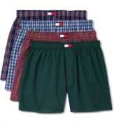 The Great American Boxer Short interpreted here by Tommy Hilfiger in a four-pack wardrobe of great American greens, blues, and reds.