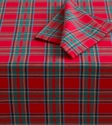 A stylish classic, the Masey Tartan tablecloth from Lauren Ralph Lauren sets the scene in soft red and teal plaid. Layer with napkins and other accessories for a richer, bolder holiday setting.