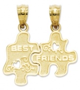 The perfect gift for yourself and a best friend. This puzzle piece-shaped break-apart charm set features the words Best and Friends with sweet cut-out heart accents. Crafted in 14k gold. Chain not included. Approximate length: 3/4. Approximate width: 7/10 inch.