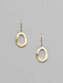 An asymmetrically shaped open oval disc of 18k yellow gold has an artful appeal. 18k yellow gold Drop, about 1 ¼ Ear wire Imported