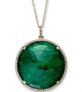 Totally glam in green. This head-turning pendant features round rose-cut dyed-green corundum sapphire (22-1/2 ct. t.w.) and sparkling diamonds (1/3 ct. t.w). Set in 14k gold. Approximate length: 18 inches. Approximate drop: 1 inch. Stones from Brazil.