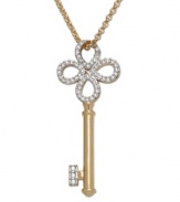 Who holds the key to your secrets? Add a touch of mystery and romance to your décolleté with this exquisite gold tone mixed metal pendant! The delicately crafted key sparkles in clear Swarovski crystals set in pavé. Approximate length: 27-1/2 inches. Approximate drop: 1-7/8 inches.