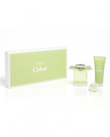 L'Eau de Chloé Set includes:3.4 OZ EDT SPRAY2.5 OZ HAND CREAMDELUXE MINI EDT