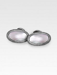 Pristine mother-of-pearl stones offset the darker hues of finely engraved sterling silver. About 1 X ½ Made in USA