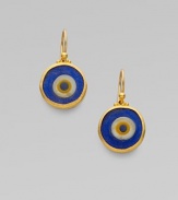 From the Evil Eye Collection. An evil eye, richly framed in 24k gold, wards off negativity while looking divine.24k yellow gold Glass length, about 1 Diameter, about ½ Ear wire Imported