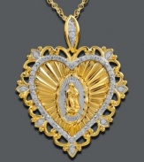 Embrace your faith. Mi Joya Divina's stunning Our Lady of Guadalupe pendant features an intricate heart shape and sparkling, round-cut diamonds (1/5 ct. t.w.). Setting and chain crafted in 14k gold. Approximate length: 18 inches. Approximate drop length: 1-2/10 inches. Approximate drop width: 6/10 inch.