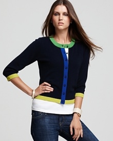 This kate spade new york cardigan takes a modernist approach to sweater dressing with bold color blocking and chic three quarter sleeves.