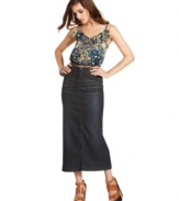 Maximize bohemian style in Buffalo David Bitton's denim maxi skirt, featuring a slim fit and sultry slit in the back. A whiskered and weathered wash gives it a vintage vibe you'll love!