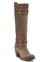 Slim leather straps wrap Frye's soft suede boots. Pair with calf-grazing dresses in autumn's lush silks.