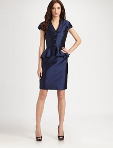 Rhinestone buttons and a ruffled peplum lend flair to this ultra-feminine ensemble.Shawl lapelsCap sleevesRhinestone button closuresRuffled peplumTopstiched edgesConcealed side zip on skirtBack skirt ventFully linedAbout 24 from natural waist44% silk/28% cotton/28% rayonDry cleanImportedModel shown is 5'10½ (179cm) wearing US size 4. 