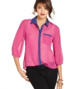 Pop sensation: contrast trims add colorblock magic to this high-low style, sheer button-down top from Ali & Kris.