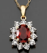 This classic necklace showcases January's birthstone by highlighting it with diamond accents. Featuring oval-cut garnet (1-1/2 ct. t.w.) set in 14k gold. Approximate length: 18 inches. Approximate drop: 3-1/4 inches.