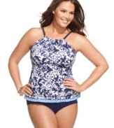 The beauty's in the details: 24th & Ocean's plus size tankini top features a unique high neckline and a cute contrasting hem!