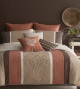 The Palisades bedding design features a vertical, pieced look complete with quilted, modern mosaics and leaf silhouettes. Detailed embroidery and coordinating piping add definitive lines, making this bedding collection stand out. The comforter reverses to a subtle repeating leaf design in tan over cream.