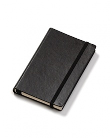 Black hardcover notebook with rounded corners, acid-free pages, multiple inner pockets and an elastic closure.