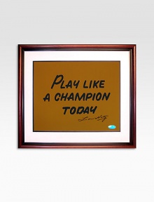 Lou Holtz is one of the greats when it comes to college football coaches. He coached six different teams and led Notre Dame to an NCAA Championship in 1988. Retiring with 242 career wins, Holtz's quick wit and ability to inspire players continues to live on today. Capture his winning determination with this hand-signed print displayed in a handsome wood frame.Steiner Sports Certificate of Authenticity includedHand signed24 X 21 wood frameKeep out of sunlightMade in USA