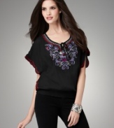 Go boho in this charming top from Style&co. Dainty embroidery at the chest and sleeves lend a handmade look and make it a match with black pants, too! (Clearance)