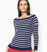 A modern twist on nautical style, Lauren Jeans Co. striped cotton top is crafted with a bateau neckline with workwear button details.