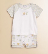 Colorful stripes and happy animals is a charming and comfortable style for your little one. Crewneck with snap closureShort sleevesSolid bodice with center embroidered animalDual patch pockets on shortsFolded cuffs with snap tabsPima cottonMachine washImported