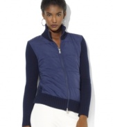 Constructed with a plush polyester fill and cozy lambswool sleeves, Lauren Ralph Lauren's stylish mockneck jacket provides lightweight warmth without the bulk.