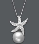 Bring a piece of the seashore with you year round! This exquisite pendant features a diamond-accented starfish that's complemented by a shimmering cultured freshwater pearl (10 mm). Setting and chain crafted in sterling silver. Approximate length: 18 inches. Approximate drop: 1 inch.