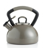 Fits you to a tea! For a richer pour, KitchenAid introduces a bright and lively porcelain enamel kettle to your kitchen with a gently arched soft grip that lets you get your hands on your favorite brew. A loud, crisp whistle alerts you to the boiling point, while the convenient push and pour spout gives you spill-proof one-handed operation. Hassle-free replacement warranty.