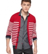 Style in a flash.  Pop some color into your sweater style with this bright cardigan from Sons of Intrigue.