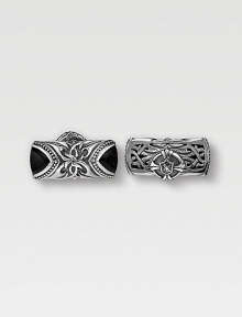 A artisinal touch in Sparta-engraved sterling silver with sparkling onyx detail. ¾ X 1½ Made in USA