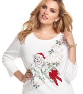 Makes the holiday bright with Karen Scott's adorable plus size tee, adorned with a playful kitty and plenty of presents.