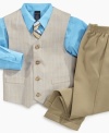 He'll look all grown up in an instant when he wears this snazzy shirt, vest and pant set from Nautica.