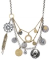 Add a little Eastern flair to your look. Three rows of gold tone and silver tone pendants make a striking appearance on this statement necklace from Jessica Simpson. Crafted in silver tone and gold tone mixed metal. Approximate length: 18 inches. Approximate drop: 3-1/2 inches.