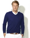 The epitome of preppy style, a handsome long-sleeved V-neck sweater is knit from plush cotton and cashmere yarns for a luxuriously soft hand.