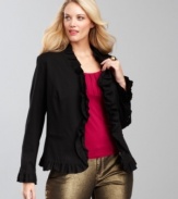 Ruffles adorn this adorable plus size jacket from INC. Sleek ponte knit ensures this piece is wearable the whole year round.