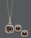 Slip into neutral sparkle with effortless versatility. Victoria Townsend's richly-hued jewelry set highlights cushion-cut smokey topaz (2-3/4 ct. t.w.) highlighted by sparkling diamond accents. Set in 18k gold over sterling silver. Approximate length: 18 inches. Approximate pendant drop: 3/4 inch. Approximate earring drop: 5/16 inch.