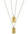 Peace and Love. This double-drop pendant necklace from RACHEL Rachel Roy features two dog-tag inspired charms with Choose Love and Peace engravings. Finished with subtle glass accents. Crafted in worn gold tone mixed metal. Approximate length: 21-1/2 inches. Approximate drop: 1-1/4 inches.