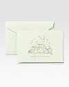 A playful menagerie of animals gaze up at the nighttime sky to lend a wistful tone to these foldover notecards, hand-engraved in gold with a gender-neutral Celadon Kid Finish. Includes 20 notecards with matching envelopes Blank inside High-quality cotton fiber paper Each, 5¾W X 4H Made in USA 