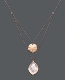 Add a touch of femininity in subtle blush-tone hues. Studio Silver's delicate two-row pendant features a rose quartz drop (15-1/2 ct. t.w.) and a polished disc. Crafted in 18k rose gold over sterling silver. Approximate length: 16 to 18 inches. Approximate drop: 3/4 inch.