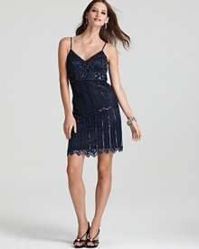 Channel '20s-style glamour in this party-perfect Sue Wong dress, flaunting an intricate design of sparkling sequins.